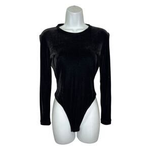 BCBG Paris Black Velvet Long Sleeve Thong Body Suit Medium